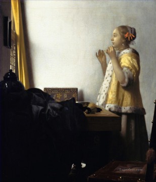 真珠のネックレスを持つ女 バロック ヨハネス・フェルメール Oil Paintings